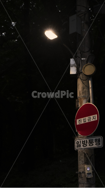 가로등,표지판,일방통행,불빛,밤,진입금지,전신주,사물,야외,조형,빛,외경,세로,야경,밤,풍경,nightscape,night,landscape