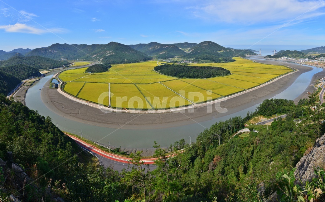 panoramic,파노라마,outdoors,옥외,nature,자연,landscape,경치,scenery,풍경,field,들,영광,대덕산,한시랑들판,물돌이,법성포,법성포구,농업,농사,경작,바다,자연,풍경,nature,landscape