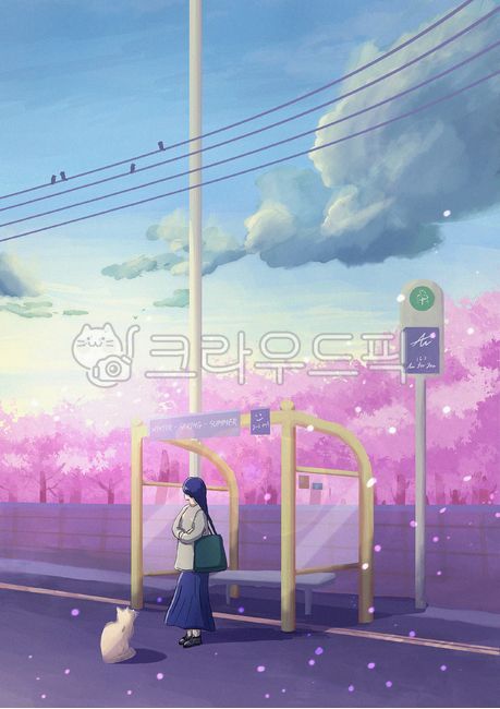 atmosphere,woman,color,outdoors,painting,background,busstop,person,design,illustration,Emotion,female,adult,landscape,Bus stop,illustrator