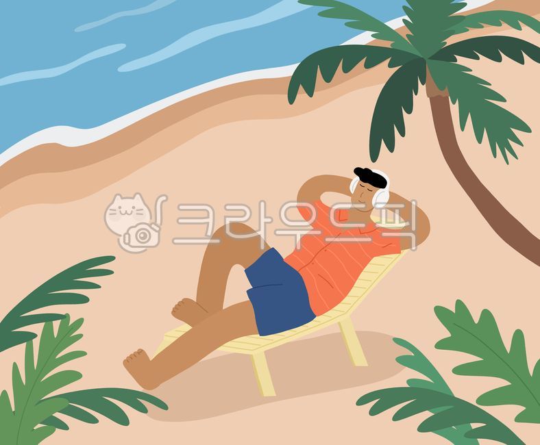 여름휴가,여름일러스트,바다,일광욕,해변,여름,바닷가,방학,휴가,여유,수영장,자연,나무,야자수,남자,휴식,캠핑,여름방학,잠,졸음,음악듣기