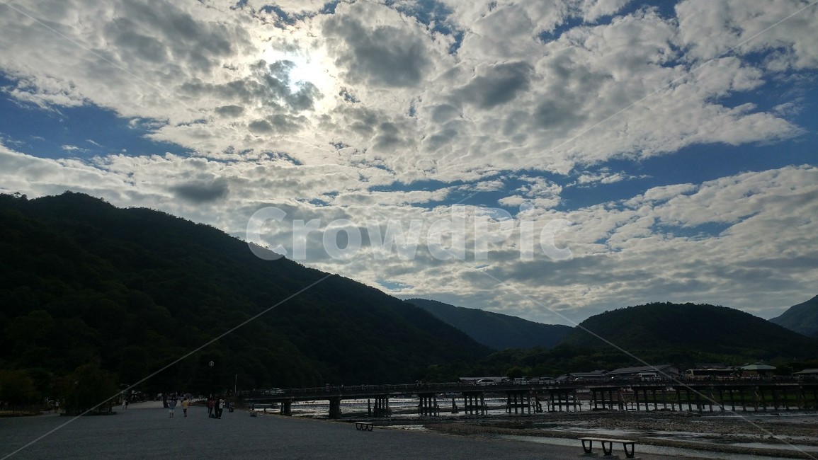 Kyoto,Arashiyama,bridge,clouds,landscape