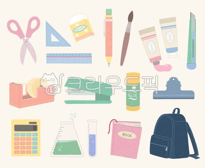 School supplies illustration,hand drawing,stationery,school supplies,taku,school supplies,illustration,scissors,triangle,ruler,eraser,mechanical pencil,brush,paint,knife,tape,stapler,glue,clip,calculator,test tube,book,school bag,ha