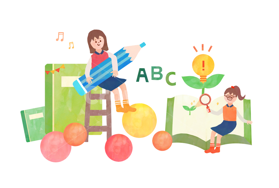 연필,책,공,전구,새싹,돋보기,교육,교육,학교,공부,education,learning,study,school,그래픽,일러스트레이션,graphic,illustration