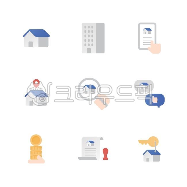 부동산,집,주택,건물,오피스텔,빌딩,아파트,이사,전세,매매,돋보기,매물,검색,탐색,어플,대화,상담,거래,계약,계약서,서류,돈,동전,도장,열쇠,손,내집마련,공인중개사,아이콘,아이콘세트,벡터,일러스트