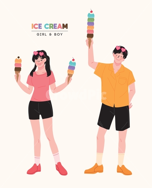 아이스크림,여름,컨셉,일러스트,디자인소스,사람,인물,여자,남자,젊은,소년,소녀,밝은,귀여운,손그림,벡터,선글라스,셔츠,반팔,그래픽,일러스트레이션,graphic,illustration