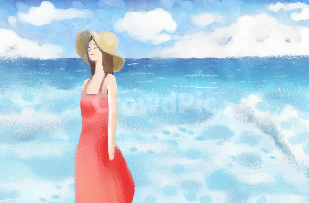 페인터,그림,일러스트,핸드드로잉,드로잉,이미지,아트,클립,클립아트,삽화,그래픽,수채화,유화,파스텔,상황,상황그림,상업미술,회화,수작업,손그림,미술,피서,행복,인간,여행,여행지,휴양지,휴가,휴식,즐거움,기쁨,사람,풍경,배경,캐릭터,예쁜그림,엽서,카드,감수성,느낌,라이프스타일,해변,여인,여자,여,사색,잠김,평온,모자,원피스,밀짚모자,하늘,구름,바다,파도,편안함,안락함,여름,그리움,생각,둥실둥실,clothing,의류,apparel,의복,사람,인물,인간,human,person,여성,여자,woman,female,lady,그래픽,일러스트레이션,graphic,illustration