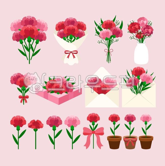 Carnation,bouquet,potted plant,letter,envelope,vase,gift,Parents' Day,Teachers' Day,Family Month,May,thank you card,congratulations,greeting,design,source,illustration,element,set,flower blossom,spring,pink,red,for composite