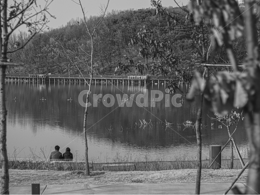 water,물,human,인간,person,사람,outdoors,옥외,공원,분위기,부부,커플,흑백사진,couple,호수,lake,park