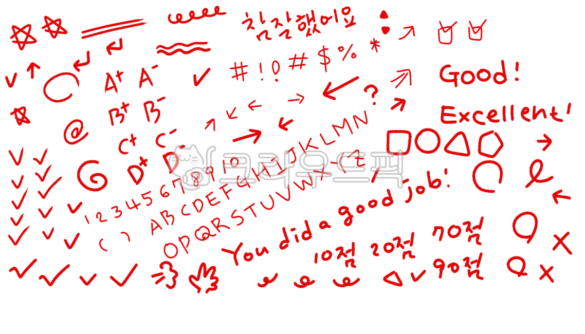 채점, 채점표시, pp화살표, 빨간색연필, 크레용, 사진,이미지,일러스트,캘리그라피 - juju5575작가