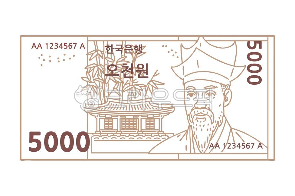 오천원,5000원,한국지폐,한국,일러스트,화폐,율곡이이,이이,5000,원,한국은행,통화,지폐,삽화,5천,환전,대한민국,가격,지불,돈,은행,뱅킹,구매,만화,현금,상업,투자,디자인,디자인요소,경제,요소,금융,플랫,아이콘,라인아트,벡터,금융,돈,finance,banking,money,그래픽,일러스트레이션,graphic,illustration