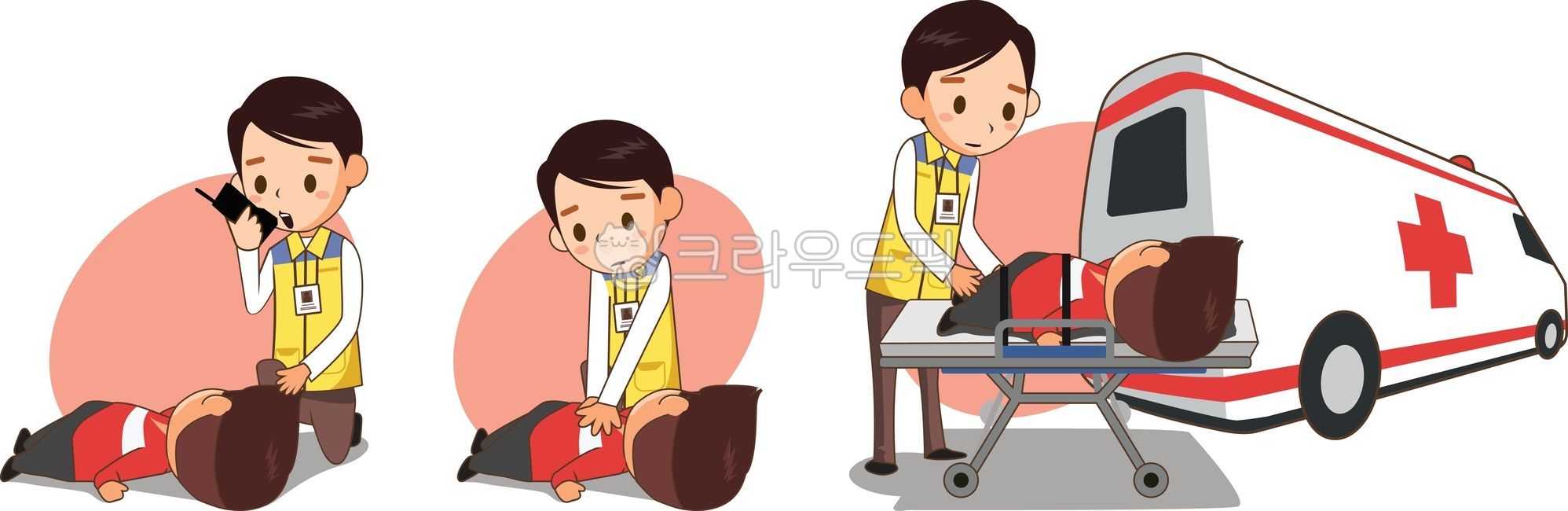safety officer,collapsed person,first aid,cpr,ambulance,emergency,help,intervention,lifesaving,health,medical,patient,safety,public safety,event safety,scene,sequence,action,observation,vector,illustration,character,urgent,emergency