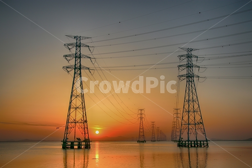 시화호,시화방조제,일출,새벽호수,철탑,케이블