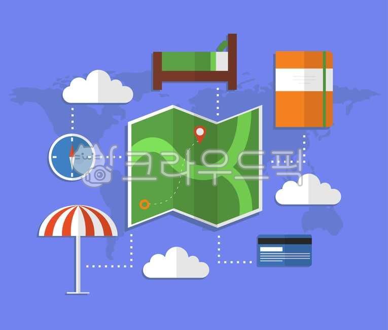 bed,note,parasol,icon,tourism,cloud,world,flat,drawing,vector,world map,map,Credit card,Compass,creditcard,diary,painting,compass,illustration,location,travel,card,object