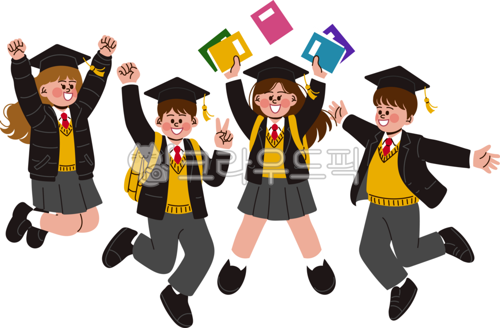 졸업,졸업식,고등학교,고등학생,중학교,중학생,학생,교복,10대,청소년,책,던지기,점프,환호,해방,수능,입시,합격,성공,친구,우정,학교,방학,캐릭터,일러스트