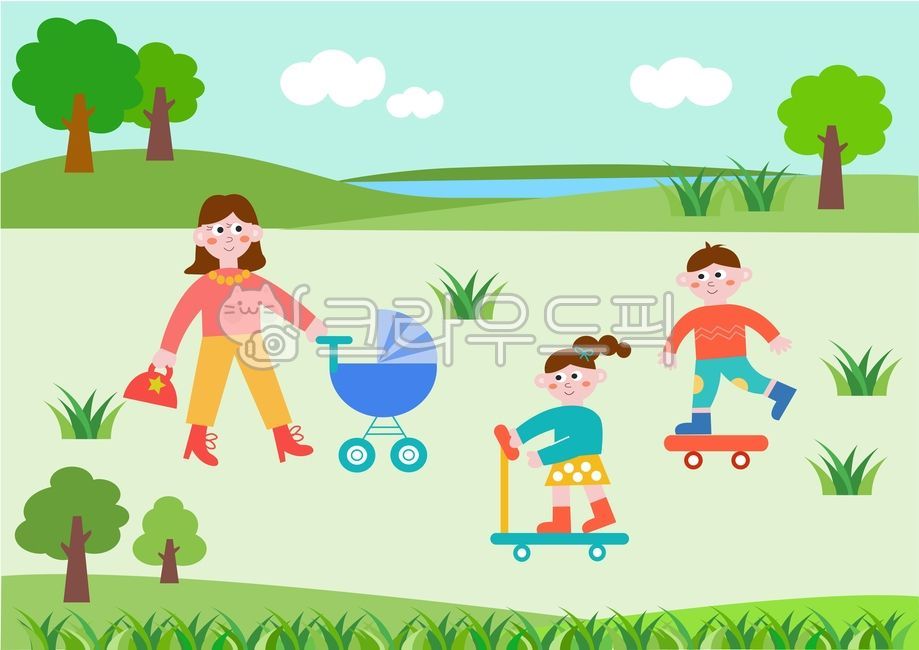 어린이날,가족나들이,5월8일,주말여행,공원나들이,어버이날,주말,가족,person,사람,엄마,아들,딸,어린이,여아,남아,킥보드,롤러보드,잔디,구름,나무,호수,언덕,공원,풀,봄나들이,봄풍경,봄이미지,봄일러스트,봄배경일러스트,유모차,핸드백,키즈,패밀리,운동,유아,주말나들이