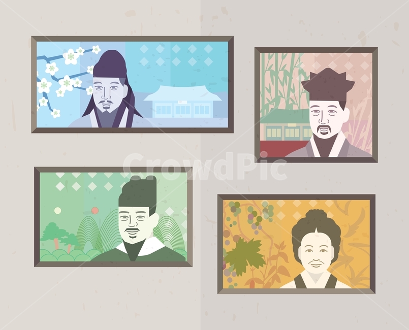 벡터,일러스트,일러스트레이션,디자인소스,한국,전통,지폐,위인,화폐,세종대왕,율곡이이,신사임당,퇴계이황,뮤지엄,박물관,전시,전시회,액자,프레임,그림,초상화,그래픽,일러스트레이션,graphic,illustration