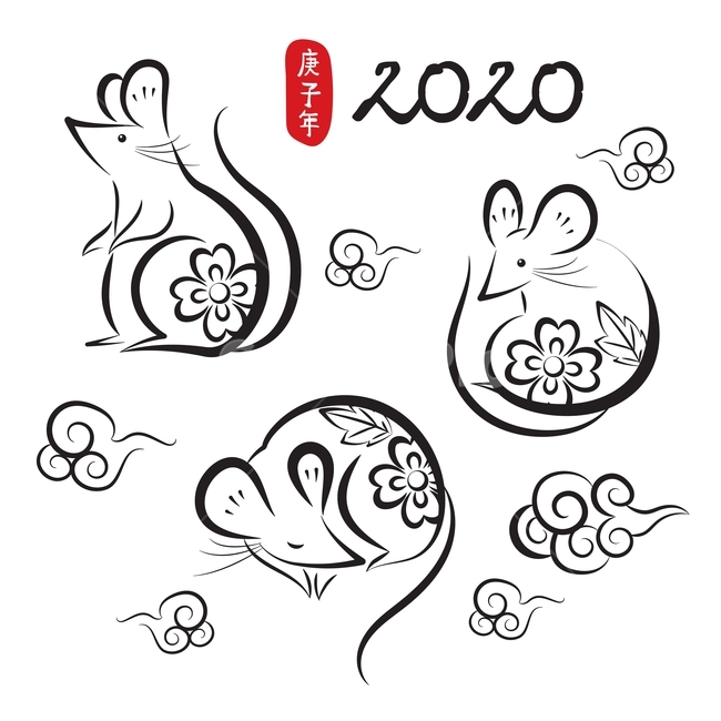 2020,쥐,경자년,캐릭터,붓,캘리그라피,손그림,일러스트,벡터,구름,전통,아시아,동아시아,꽃,나뭇잎,신년,생쥐,새해,new year,그래픽,일러스트레이션,graphic,illustration