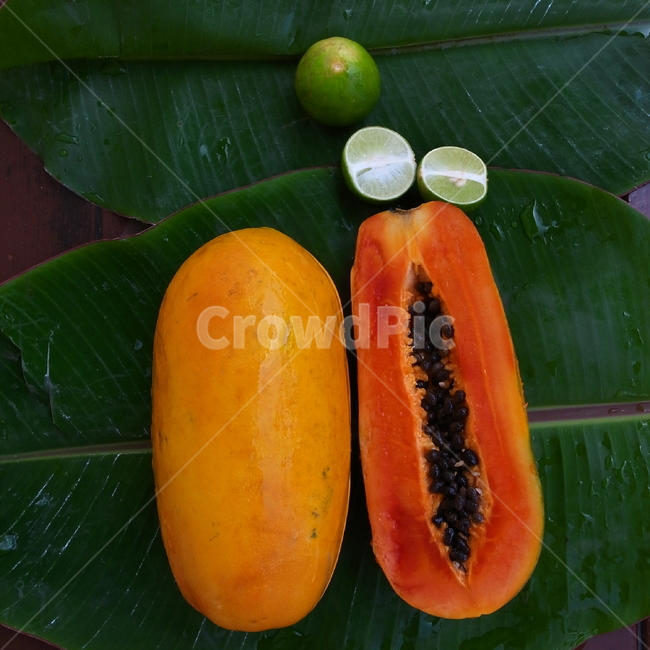 파파야,마나오,태국,바나나잎사귀,파파야속살과씨,과일,열매,fruit