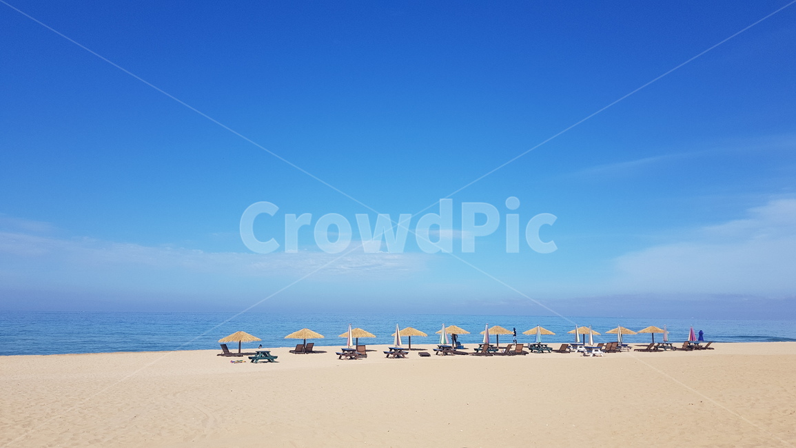 바다,모래사장,파라솔,썬베드,파란색,여름,해변,바다,beach,sea