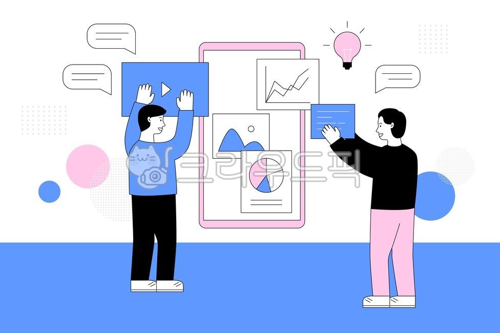 파란색,분홍색,일러스트,벡터,일러스트레이션,그림,드로잉,비즈니스,인물,사람,회사,회사원,기업,직장인,업무,일,비즈니스맨,비즈니스우먼,남자,여자,사무실,상황,라이프스타일,대학생,젊은,회의,협업,팀워크,팀,협동,프로그래밍,모바일,어플리케이션,앱,코딩,말풍선,business,illustration,vector,blue,pink,drawing,working,people,human,persom,man,woman,male,female,work,lifestyle,young,team,operation,office,programming,mobile,application,app,bulb,graph,chart,internet,online,conversation,그래픽,일러스트레이션,graphic,illustration