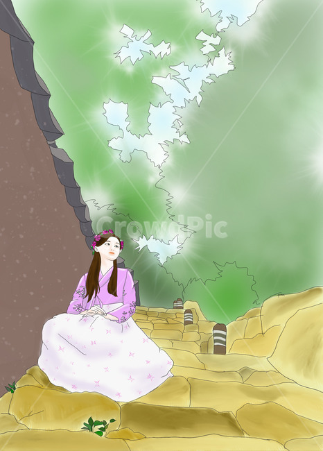 한옥마을,한복,소녀,전통적인,전통느낌의,한국적인,한복,한국전통의상,hanbok,korean traditional clothes,그래픽,일러스트레이션,graphic,illustration