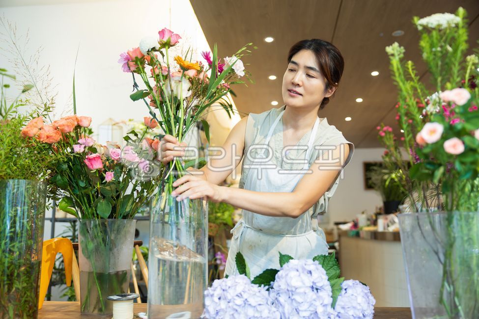 소상공인,플로리스트,비즈니스,상인,상점,홈가드닝,화분,꽃집,식물,플랜테리어,원예,실내,직업,작업,점주,직업인,한국인,꽃꽃이,소매업,주인,손질,관리,운영,얼굴,여자,앞치마,젊은여자,원데이클래스,동양인,플라워