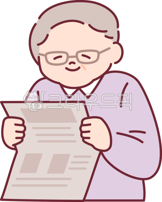 외곽선,귀여운,심플,단순한,일러스트레이션,사람,노인,캐릭터,스타일,패션,정면,미소,파스텔,신문,안경,할아버지