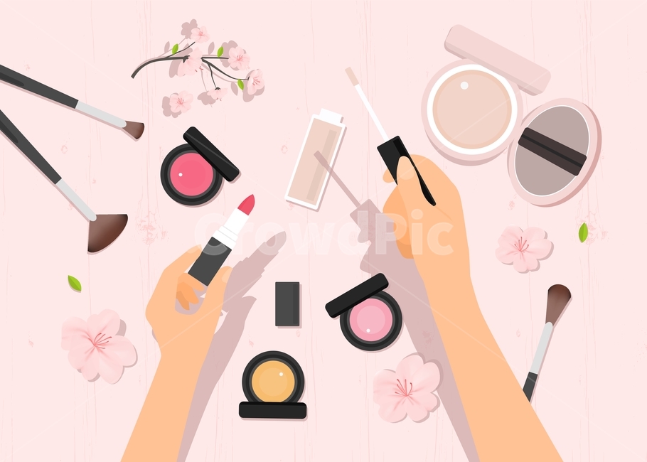 brush,Cherry Blossom,background,illustration,lipstick,foundation,flower,shopping