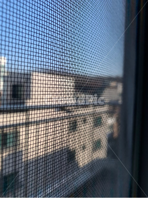 insect screen,blurry building,sight,perspective,mosquito net,other side,inside,house,Mosaic,building,interior