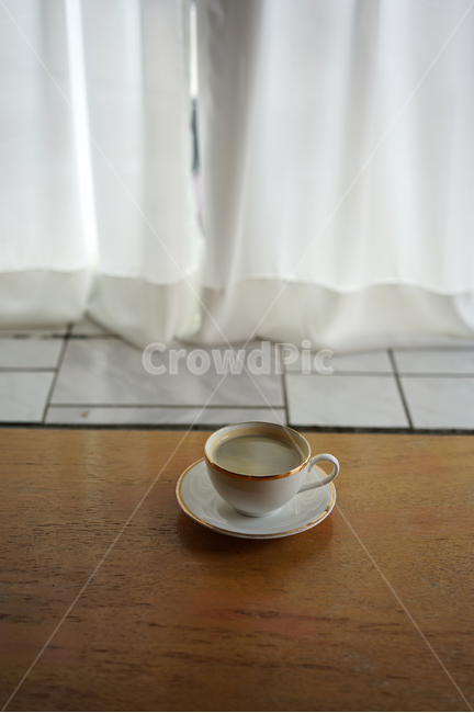 atmosphere,white curtain,coffee,a drink,A cup of coffee,window seat