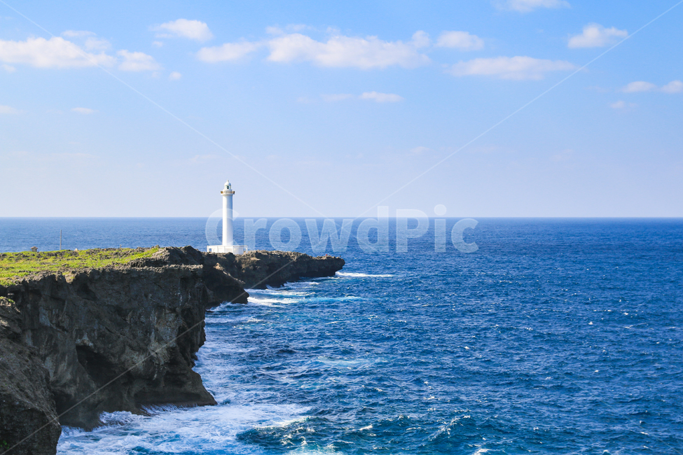 tide,blue sky,japan,Lighthouse,peaceful,wave,cloud,beautiful,Janpa Lighthouse,Beach,sight,Zanpa Park,park,sky,Cape Janpa,coastline,Cliff,nature,white clouds,horizon,ocean,blue,Okinawa,waterfront,coastal cliffs
