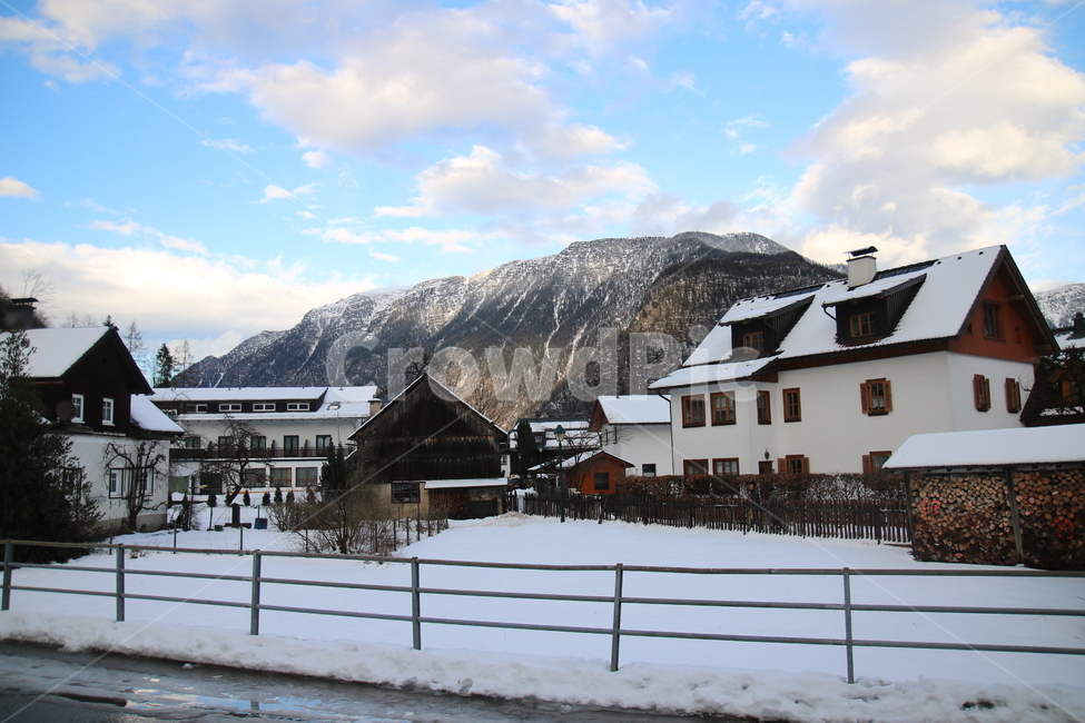 sky,overseas natural scenery,nature,Eastern Europe,Europe,house,Hallstatt,overseas,hallstatt,Alps,Austria,Austria Hallstatt,snow,austria,europe,European scenery,landscape