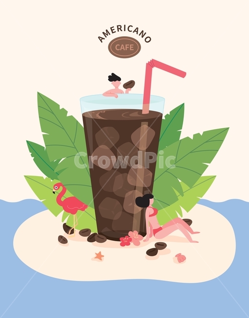 커피,아메리카노,카페,캐릭터,인물,음료,아이스,얼음,시원한,차가운,플라밍고,빨대,스트로우,비키니,수영복,나뭇잎,트로피칼,해변,바다,바닷가,파도,커피콩,커피빈,모래사장,일러스트,벡터,디자인소스,삽화,여름,트로피컬,커피,카페,coffee,cafe,그래픽,일러스트레이션,graphic,illustration
