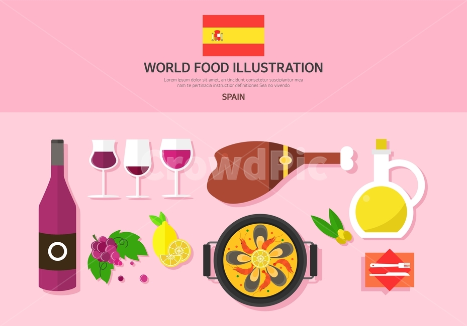 스페인,와인,포도,오렌지,고기,올리브,음식,플랫디자인,음식,식재료,요리,food,cook,meal,dishes,food reserves,양식,서양음식,서양요리,western food,western dishes,western meal,western cook,그래픽,일러스트레이션,graphic,illustration