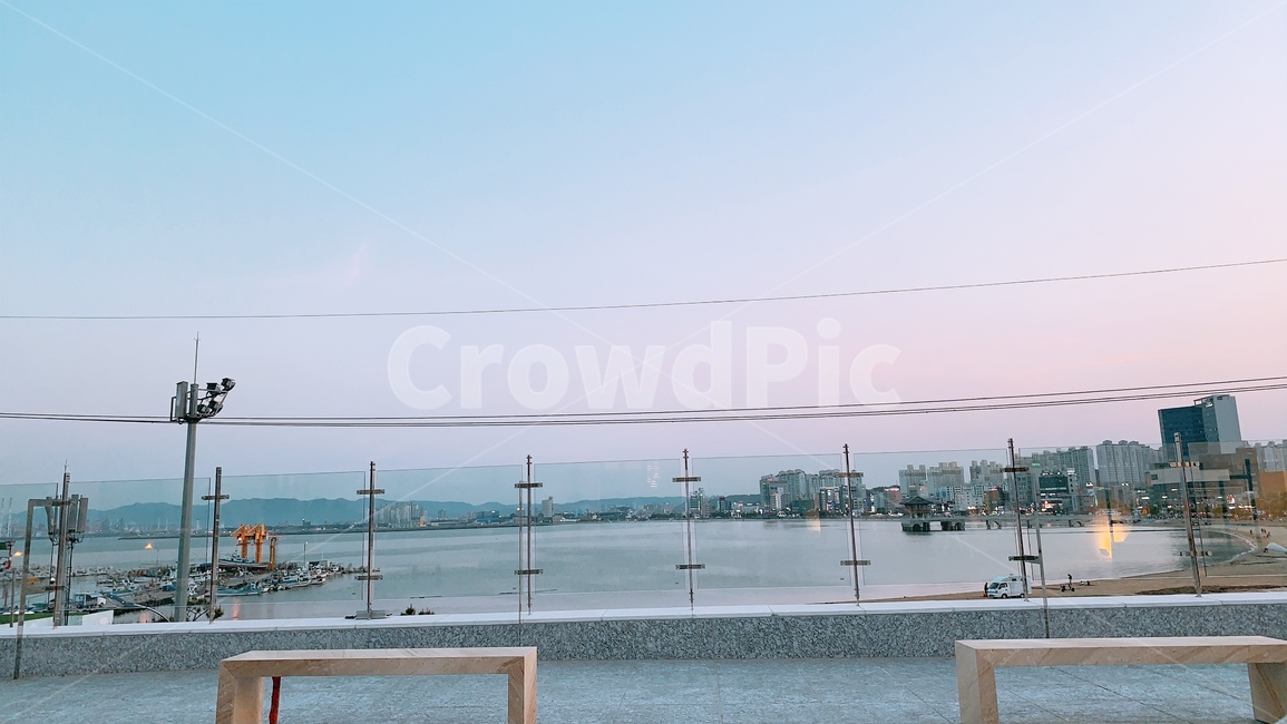 하늘,노을,바다,옥상,벤치