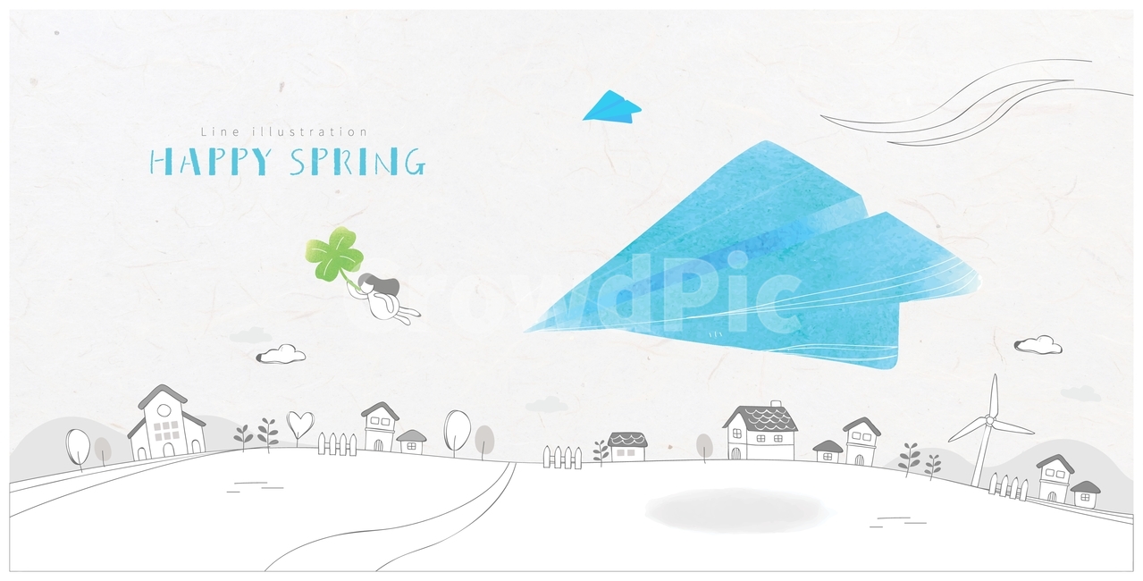 클로버,종이비행기,봄,마을,집,여자,소녀,감성,백그라운드,배경,봄,계절,spring,season,그래픽,일러스트레이션,graphic,illustration
