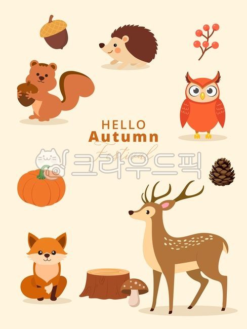 Autumn,wild animals,hedgehog,acorn,squirrel,owl,pumpkin,deer,mushroom,tree,illustration