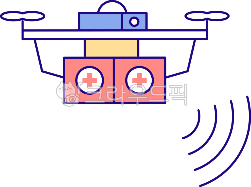 외곽선,귀여운,심플,단순한,일러스트레이션,구조,구조대,사건,사고,드론,의료함,응급키트,구급함,무인,로봇