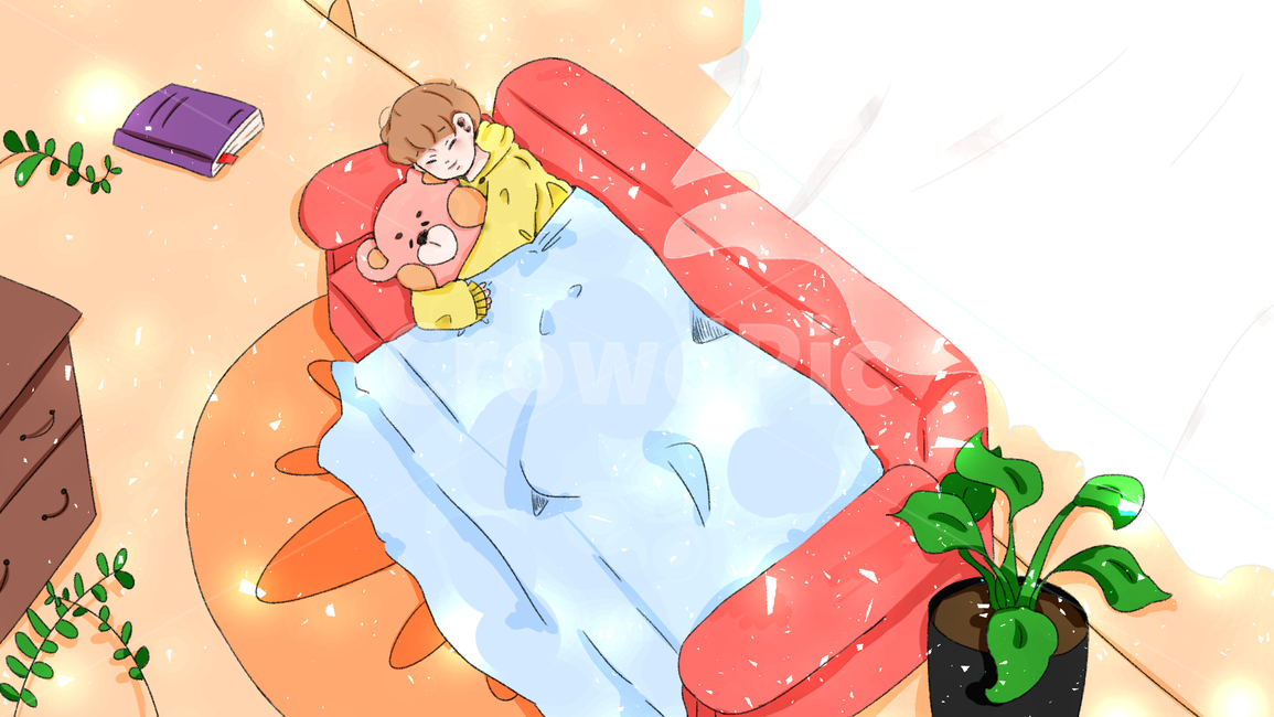 침대,휴식,평화로움,인형,잠,낮잠,창문,흩날리는,생각,묘호한,화분,아이,낮잠자는아이,따사로운,창문에흩날리는,커튼,휴식,힐링,rest,relaxation,healing,그래픽,일러스트레이션,graphic,illustration