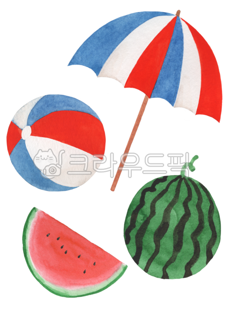 Parasol,umbrella,beach ball,beach,beach volleyball,watermelon,summer fruit,watermelon illustration,ball,ball illustration,parasol illustration,watercolor,drawing,hand drawing,cute,watermelon slice,summer,season,vacation