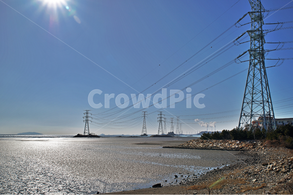 철탑,송전탑,선재도,목데미뿌리,해안,바다,서해,에너지,썰물,에너지산업,energy industry