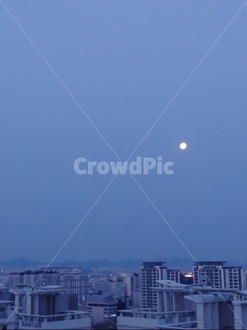 nature,자연,outdoors,옥외,하늘,sky,아침,새벽,아침새벽,달,문,moon,푸른,푸른색,하늘색,아파트,전경,배경,구름한점없는,밖,바깥,어둑