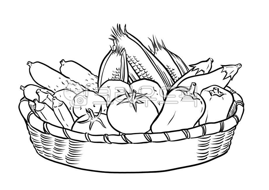 gourds,baskets,potatoes,peppers,Illustration,corn,pen drawing,vegetables,summer,tomatoes,cucumbers,eggplants,coloring book,plants,drawing,bell peppers,black and white