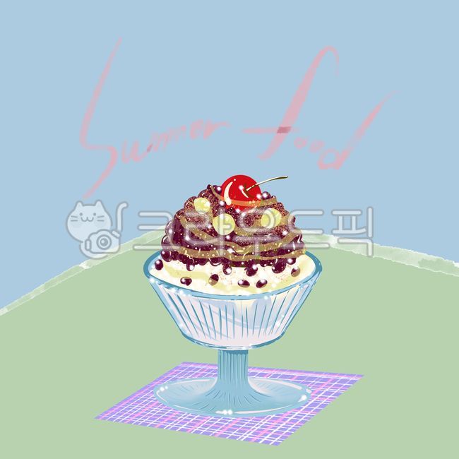 포스터,여름,팥빙수,빙수,유리잔,여름음식,디저트,후식,체리,팥소스,눈꽃빙수