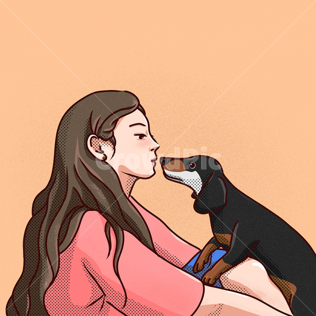 반려견,닥스훈트,긴머리소녀,동물,개,강아지,반려동물,뽀뽀,교감,커뮤니케이션,일러스트,동물일러스트,dog,dochshund,girl,animal,companiondog,그래픽,일러스트레이션,graphic,illustration