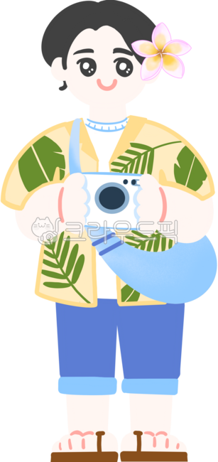 People,Man,Hawaiian Shirt,Camera,Resort Fashion,Hawaiian Flower,Tourism,Tourist,Bag,White T-shirt,Jeans,Slippers