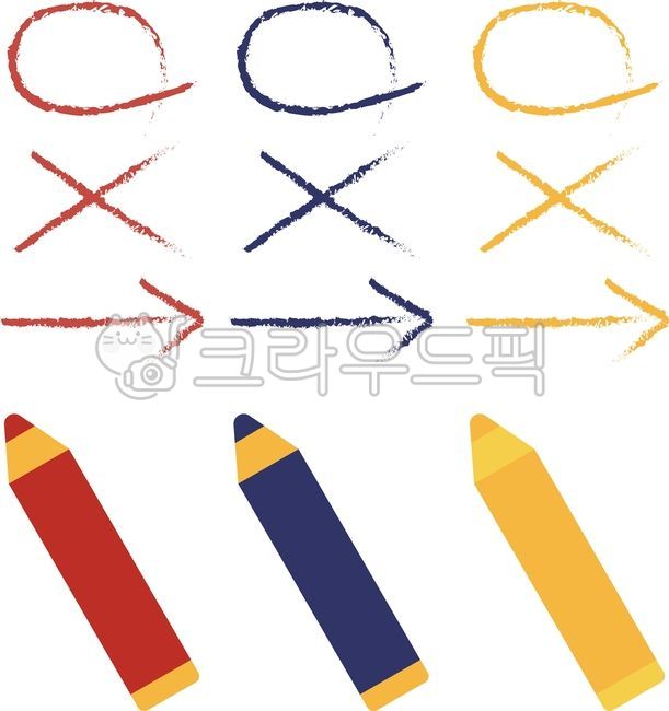 색연필,빨간색,파란색,노란색,필기구,손그림,동그라미,엑스,화살표,체크,채점,드로잉,학용품,문구,교육,아이콘,공부,학교,연필,펜,미술