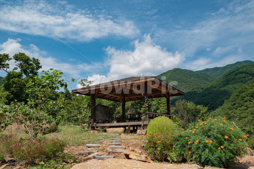 하늘,구름,정자,patio,안마당,porch,현관