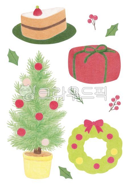 Illustration,Object,Element,Decoration,Deco,Handmade,Colored Pencil Art,Colored Pencil,Drawing,Drawing,Christmas,Christmas Day,Season,Season,Winter,Tree,Christmas Tree,Tree,Plant,Decorative Ball,Cake,Food,Gift,Gift Box,Wreath,Holl