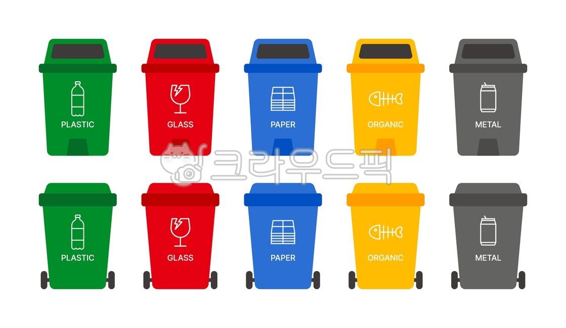 쓰레기통,재활용,분리수거,폐기물,아이콘,세트,플라스틱,유리,종이,음식물,금속,쓰레기,환경,친환경,분류,관리,자연,보호,벡터,일러스트레이션,그래픽,디자인,요소,기호,표시,공공,도시,위생,청결,재사용